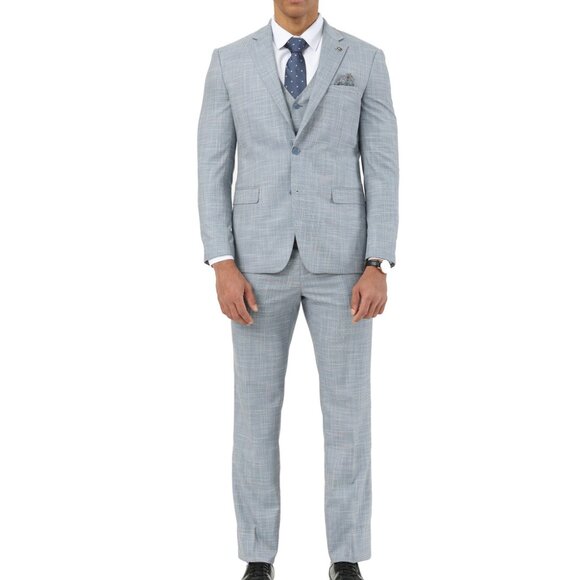 Light Blue Crosshatch Pattern Notch Lapel 3 Piece Stacy Adams Men's Suit - Picture 3 of 3